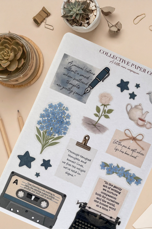 A little more compassion sticker sheet with soft supportive phrases and icons