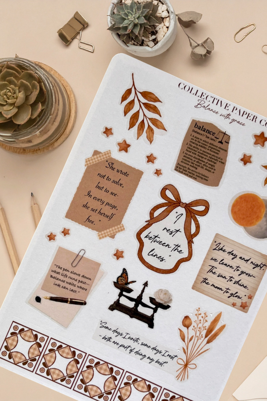 Sheet of decorative stickers with text and illustrations on a beige surface with plants and stationery items.