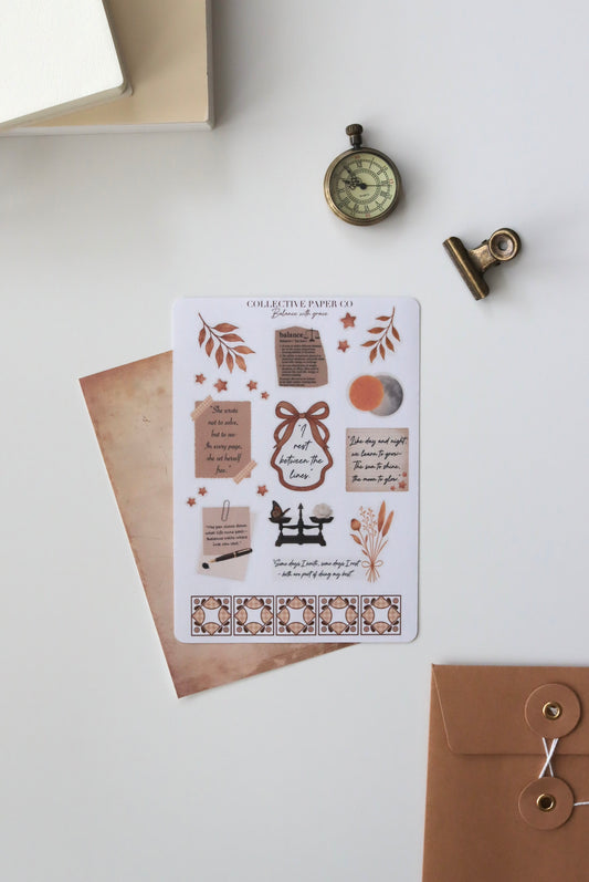 Decorative journaling sheet of kiss-cut balance/ motivational quotes and warm toned decorative elements stickers on Japanese washi paper