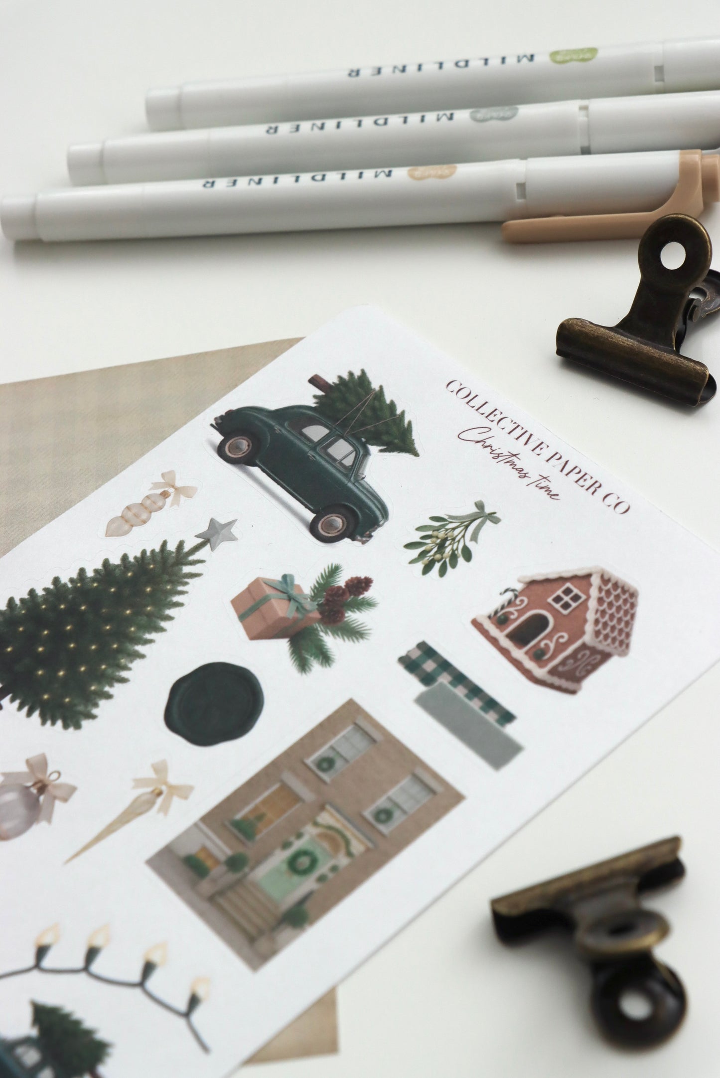 Decorative journaling sheet of kiss-cut vintage and realistic seasonal stickers of Christmas time in winter on Japanese washi paper