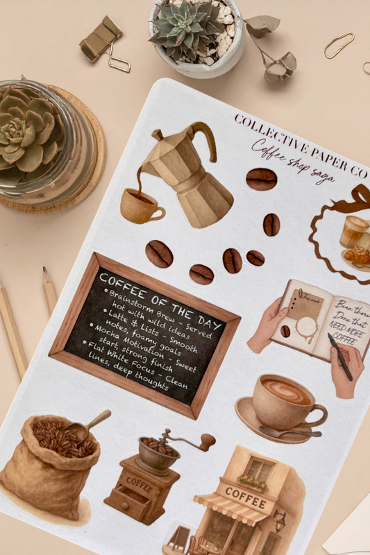 Sticker sheet with coffee-themed illustrations on a beige background