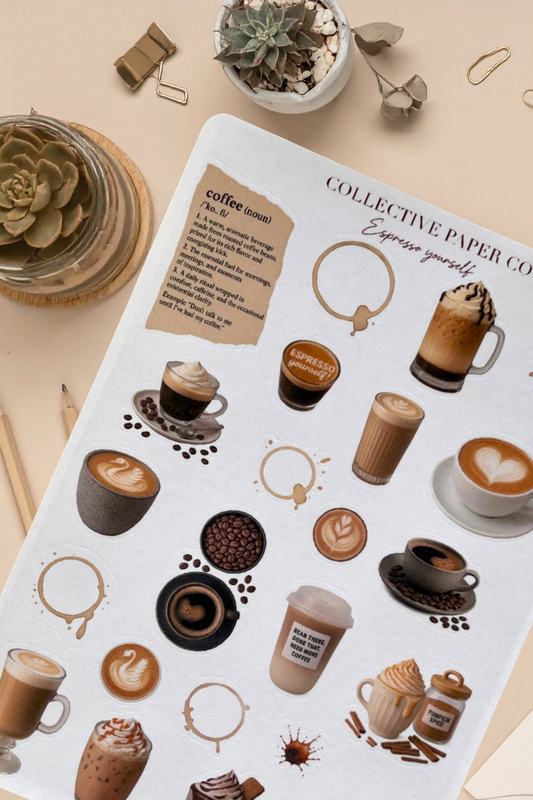 Sheet of coffee-themed stickers with various coffee cup illustrations on a beige surface.