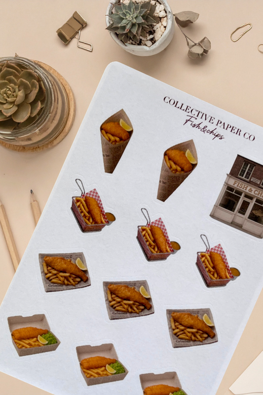 Sheet of fish and chips stickers with 'Collective Paper Co' branding on a light surface.