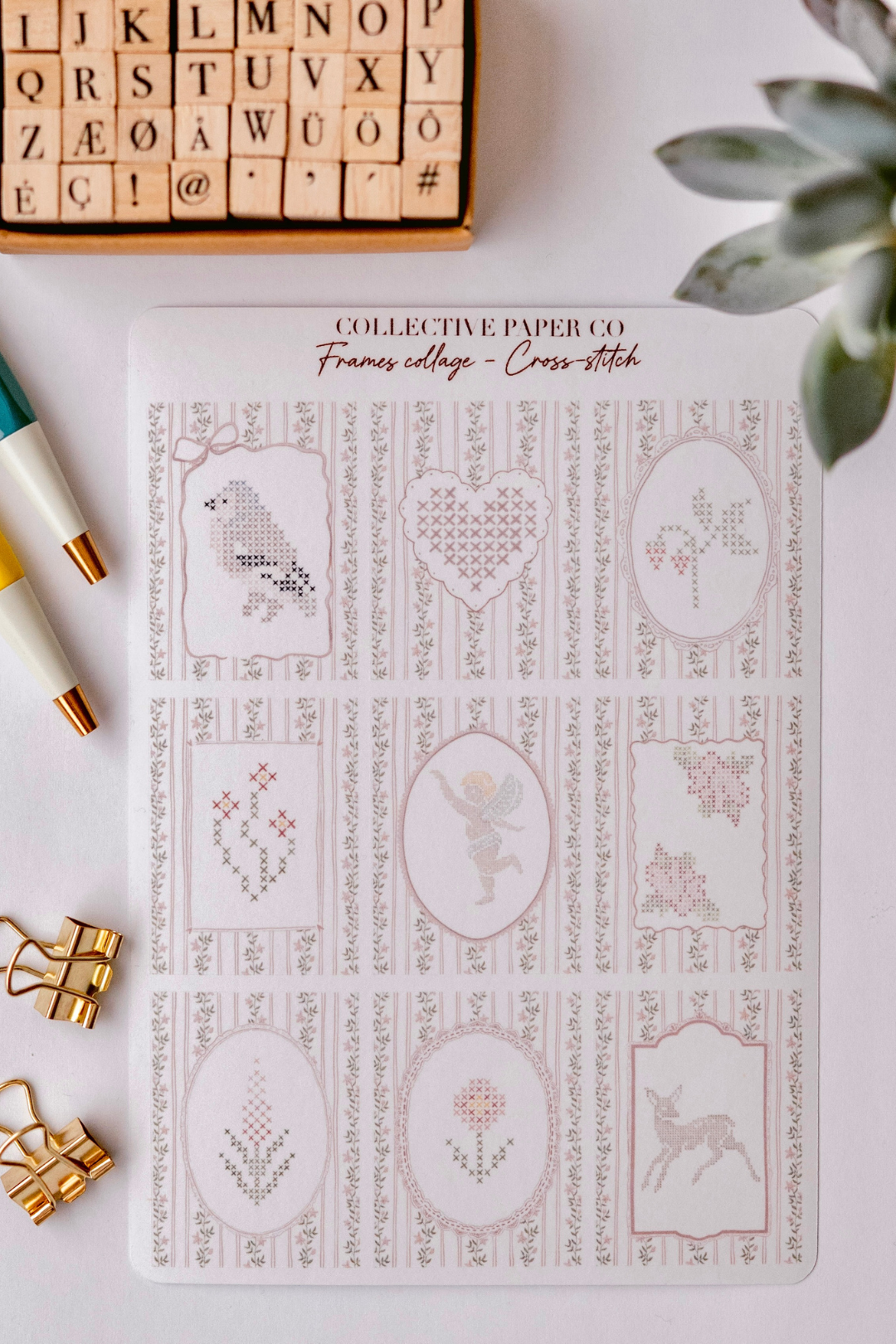 Collective Paper Co.'s Cottage Cross Stitch Frames washi tape presents embroidered-style frames with birds, hearts, angels, flowers, deer, and ivy in soft pink tones.
