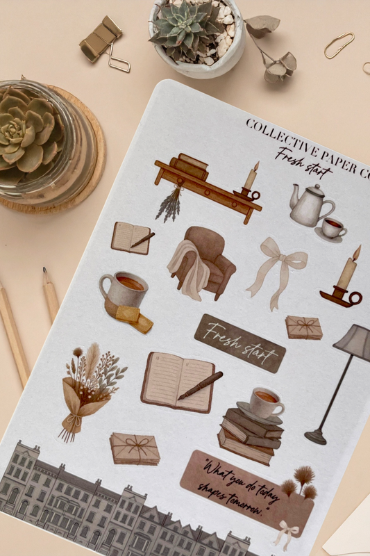 Sheet of decorative stickers with illustrations on a beige background