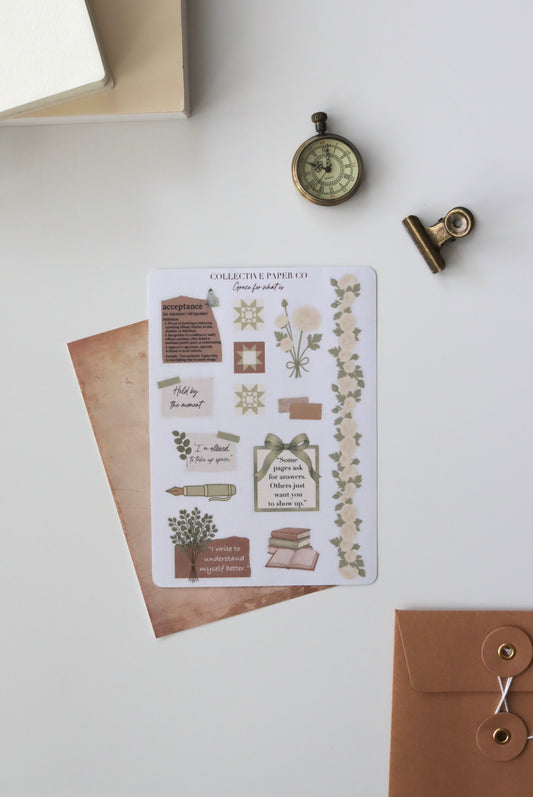 Decorative journaling sheet of kiss-cut acceptance / motivational quotes and  decorative floral and doodle style elements stickers on Japanese washi paper