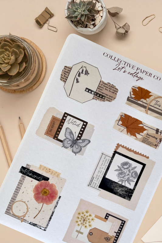 Sheet of decorative stickers with nature-themed designs on a beige surface.