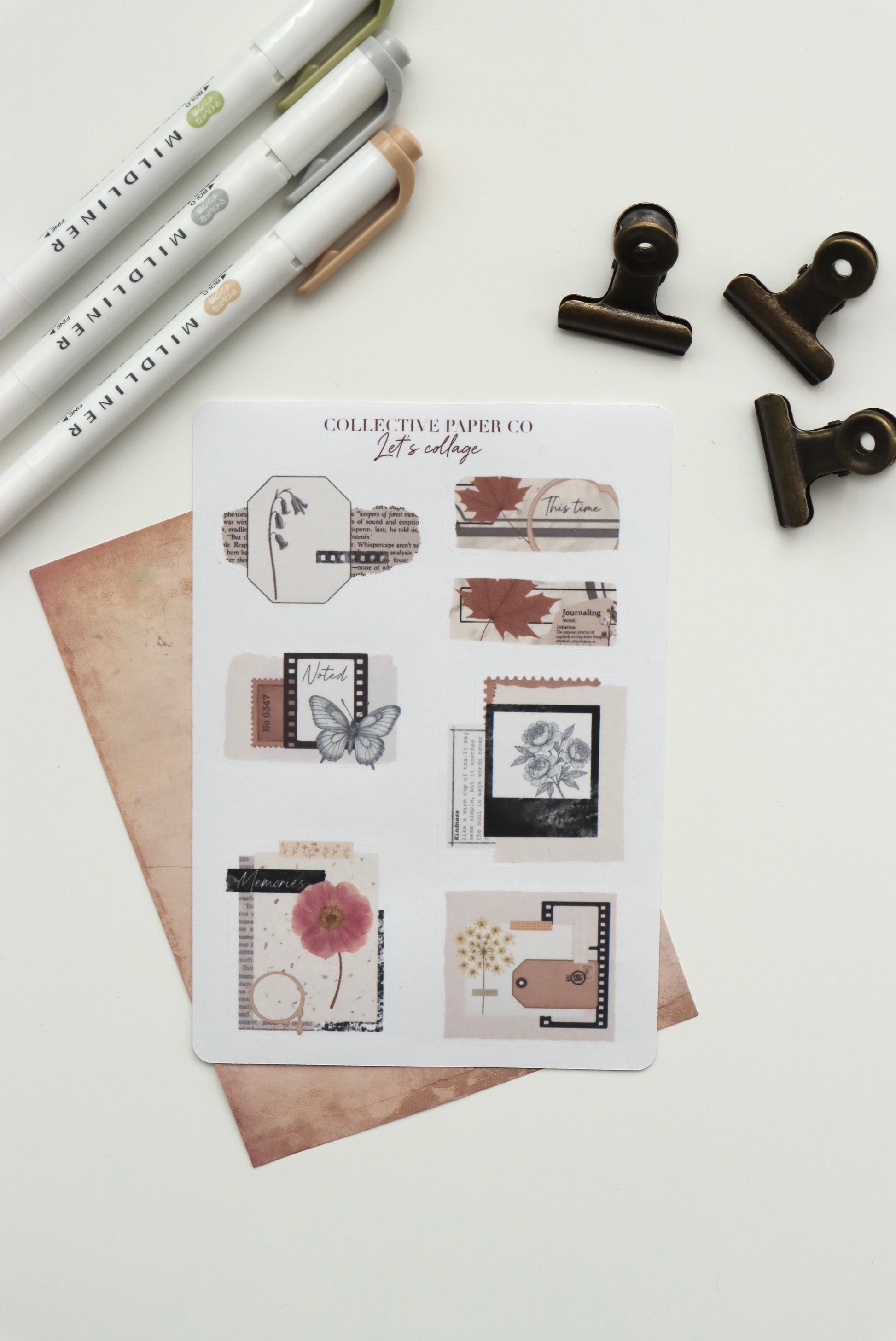 Decorative journaling sheet of kiss-cut vintage and realistic stickers of Let's collage on Japanese washi paper