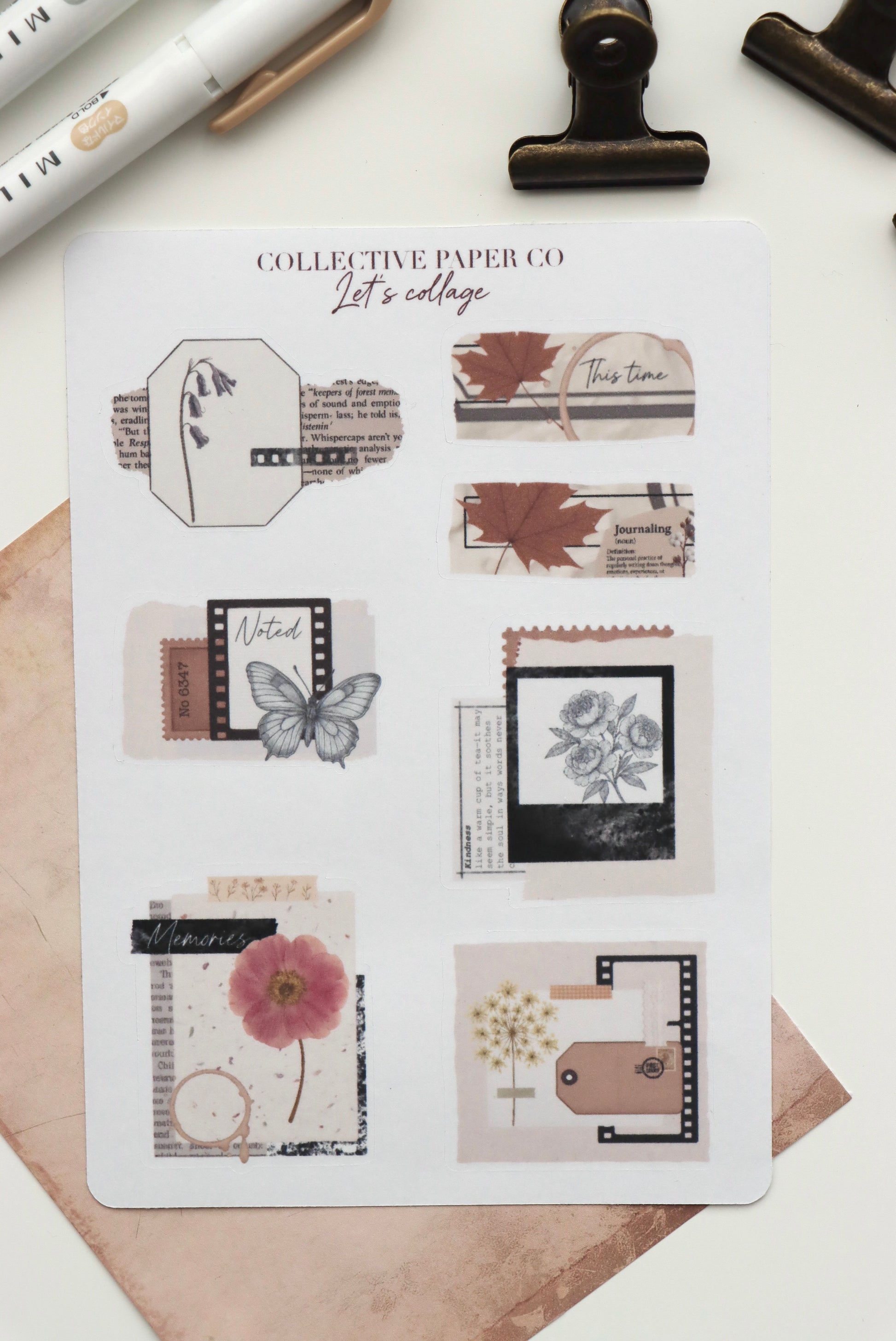 Decorative journaling sheet of kiss-cut vintage and realistic stickers of Let's collage on Japanese washi paper