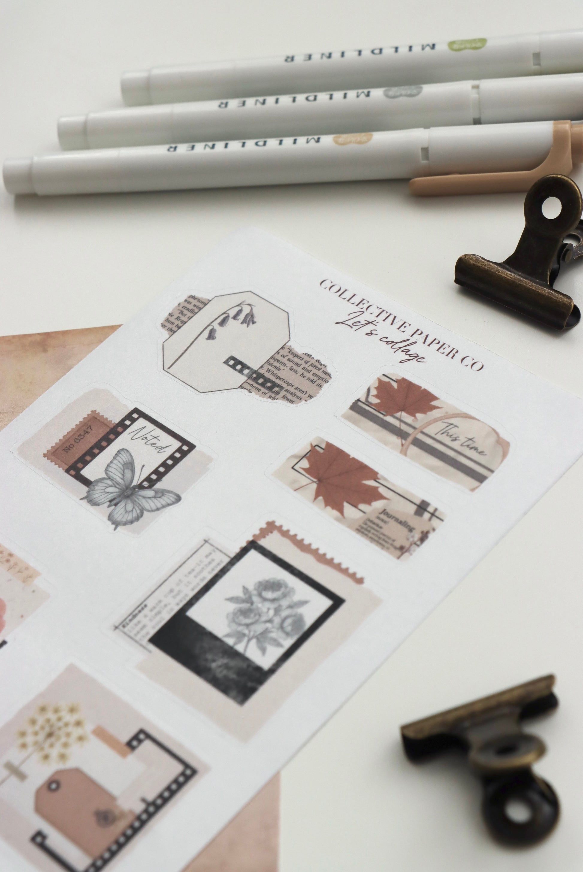 Decorative journaling sheet of kiss-cut vintage and realistic stickers of Let's collage on Japanese washi paper