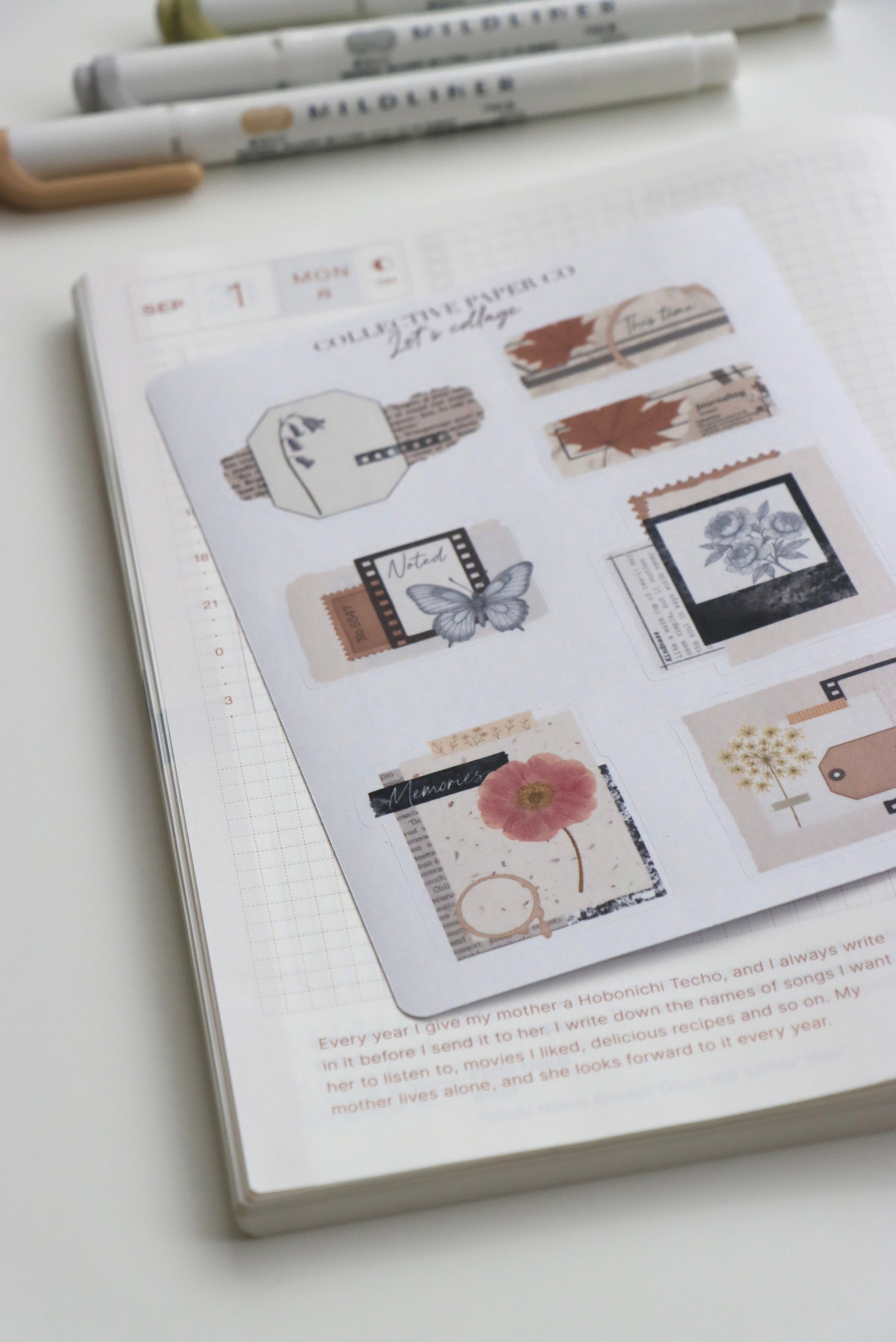 Decorative journaling sheet of kiss-cut vintage and realistic stickers of Let's collage on Japanese washi paper