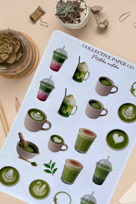 Sheet of green-themed stickers featuring coffee cups and drinks on a light surface.