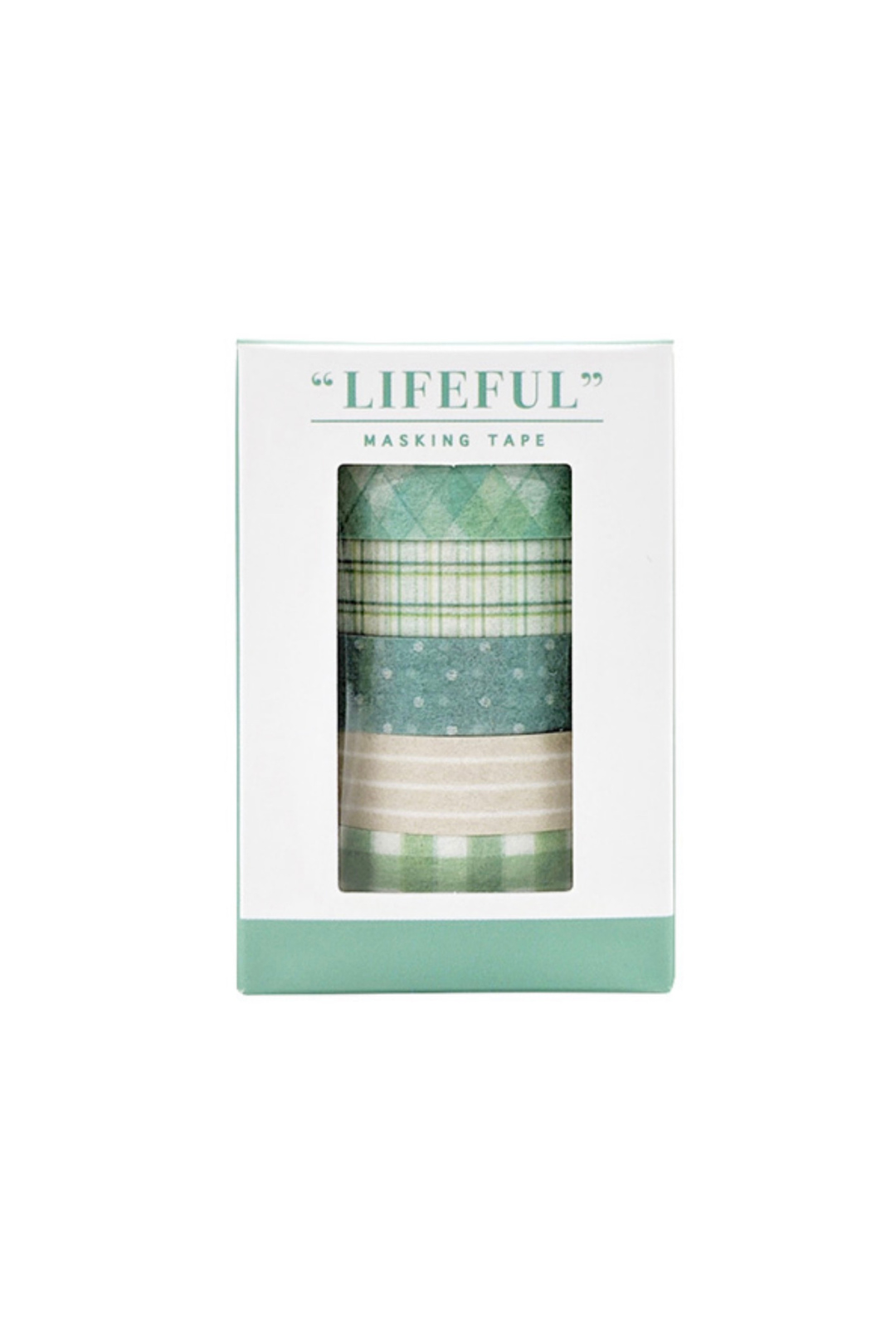 "Lifeful" Green masking tape set in white box with plaid, dotted, and checkered patterns.
