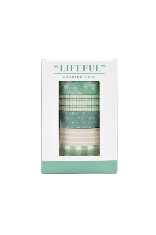 "Lifeful" Green masking tape set in white box with plaid, dotted, and checkered patterns.