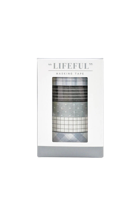 "Lifeful" gray masking tape set in white box with plaid, dotted, and checkered patterns.