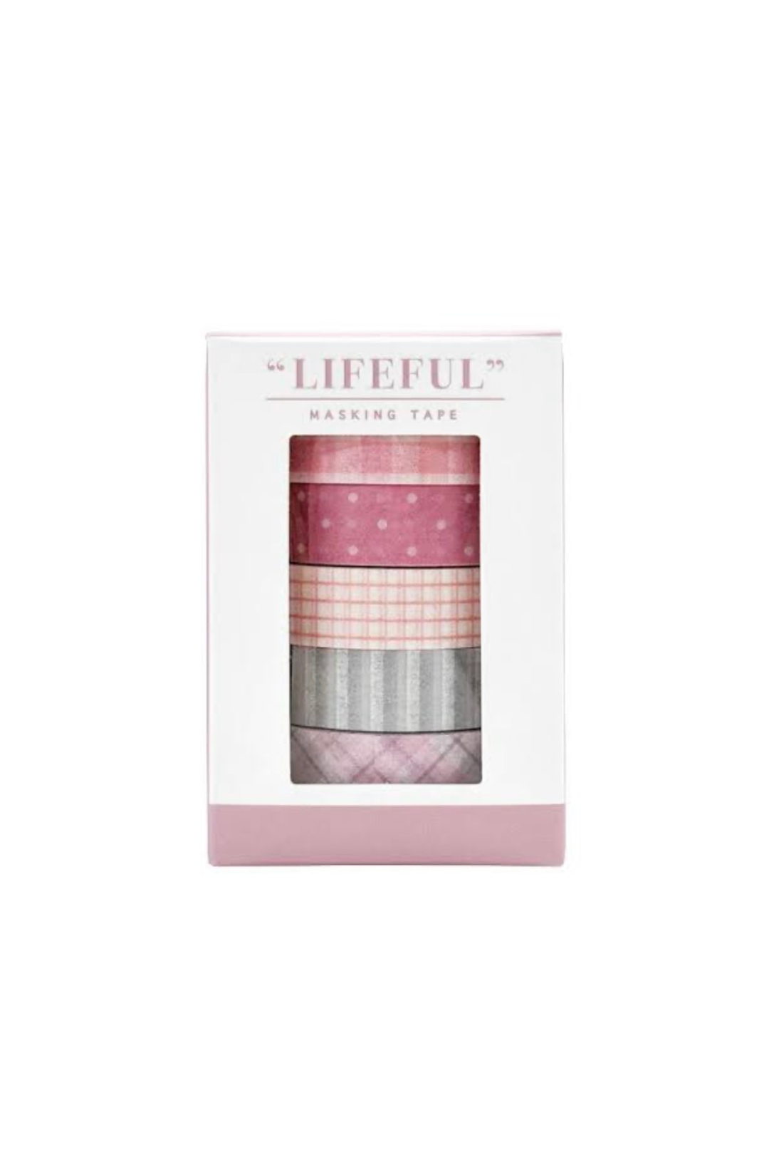 "Lifeful" pink masking tape set in white box with plaid, dotted, and checkered patterns.