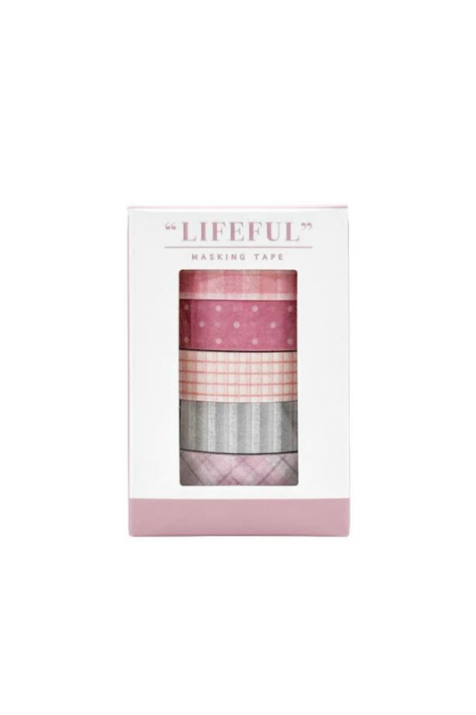"Lifeful" pink masking tape set in white box with plaid, dotted, and checkered patterns.