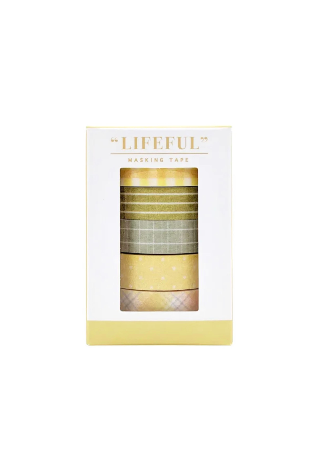 "Lifeful" yellow masking tape set in white box with plaid, dotted, and checkered patterns.