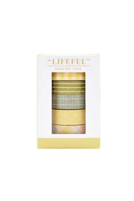 "Lifeful" yellow masking tape set in white box with plaid, dotted, and checkered patterns.