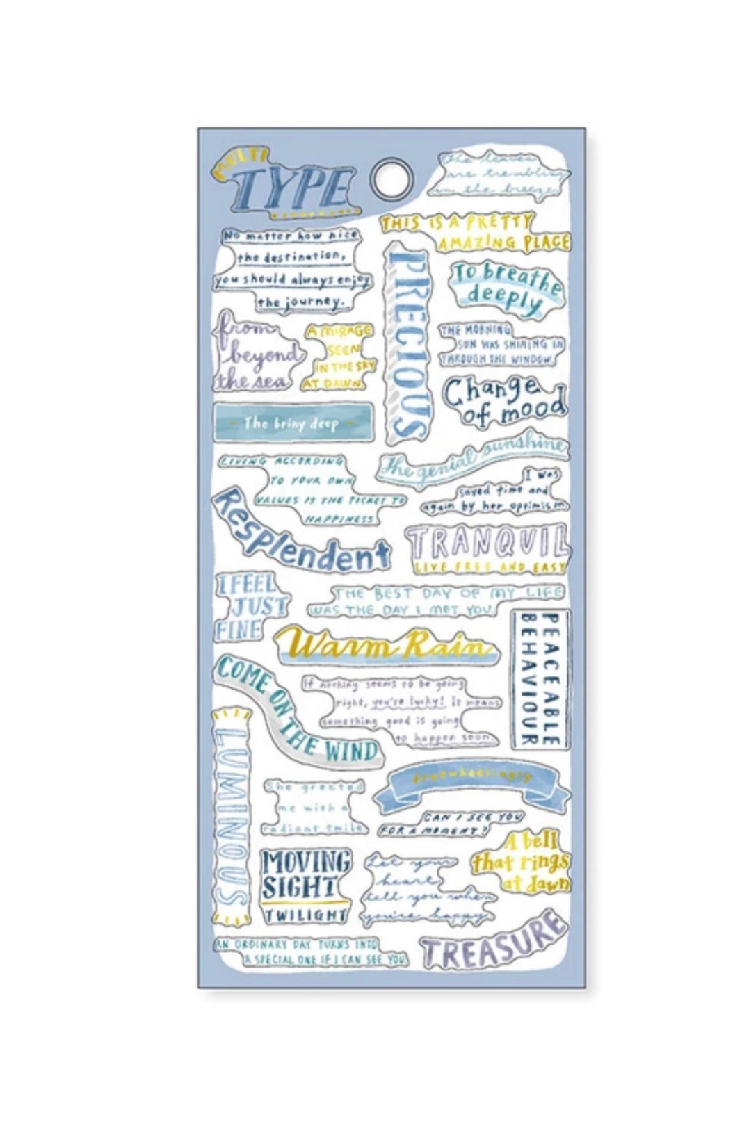 Close-up of "Type" washi tape sheet with multicolored inspirational quotes like "Warm Rain," "Treasure," and "Resplendent" on blue background.