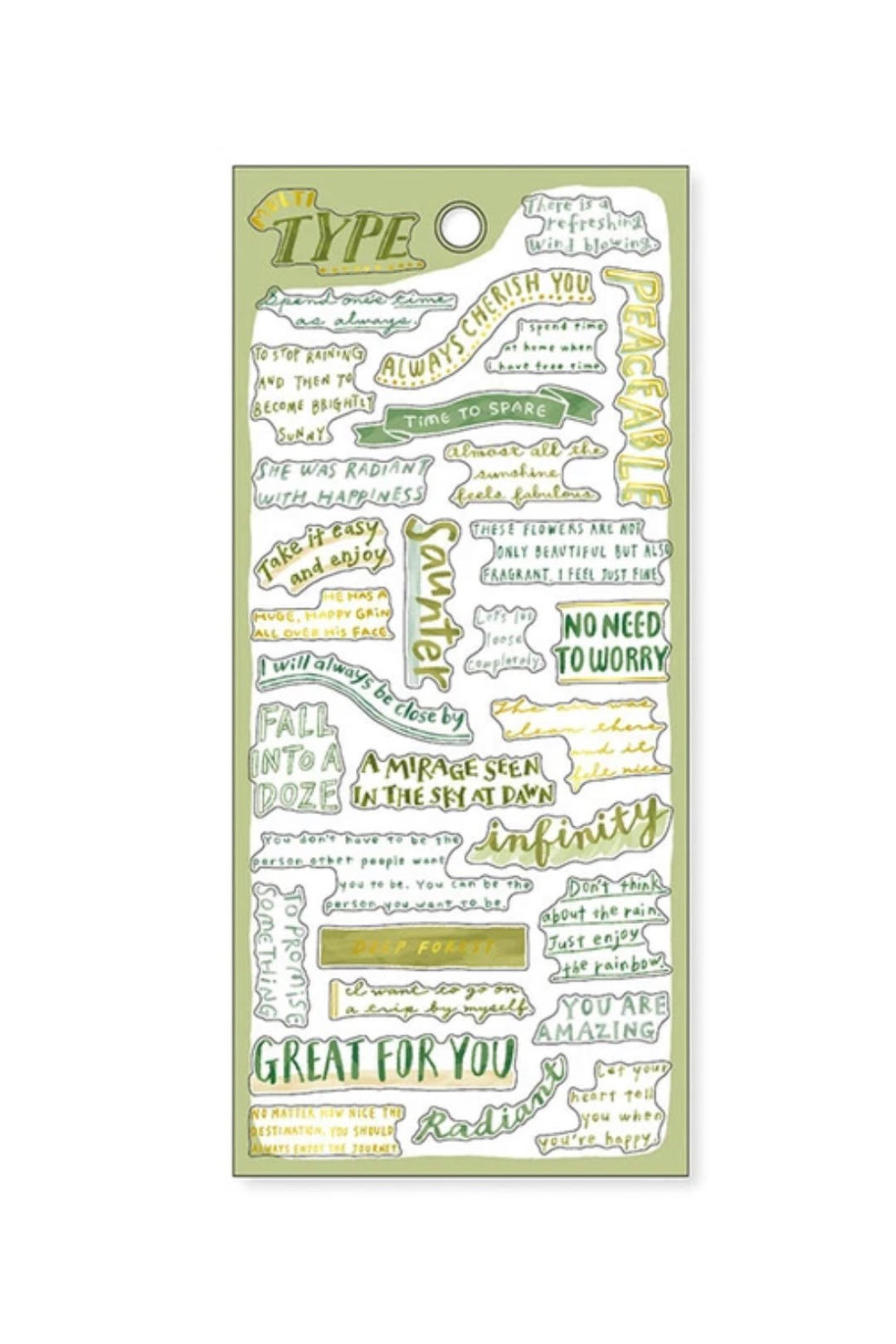 "Type" green washi tape sheet with motivational quotes like "Great For You," "Infinity," and "No Need To Worry" on lime background.