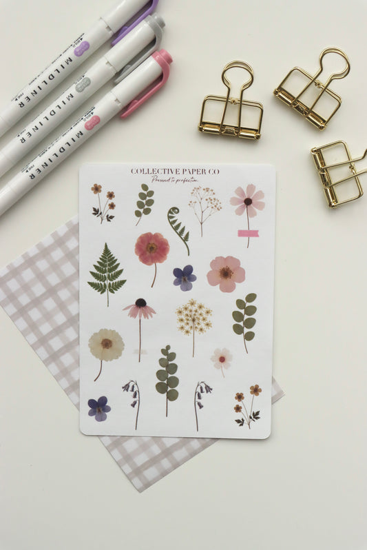 Decorative journaling sheet of kiss-cut vintage and realistic stickers of flowers Pressed to perfection on Japanese washi paper