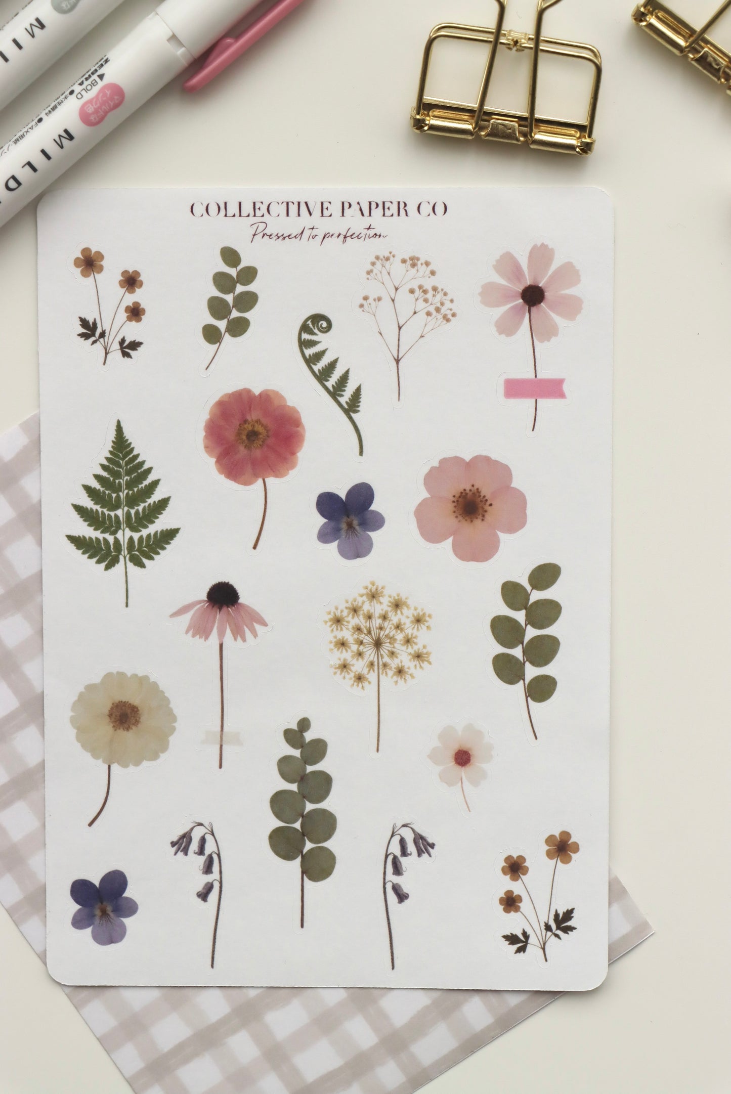 Decorative journaling sheet of kiss-cut vintage and realistic stickers of flowers Pressed to perfection on Japanese washi paper