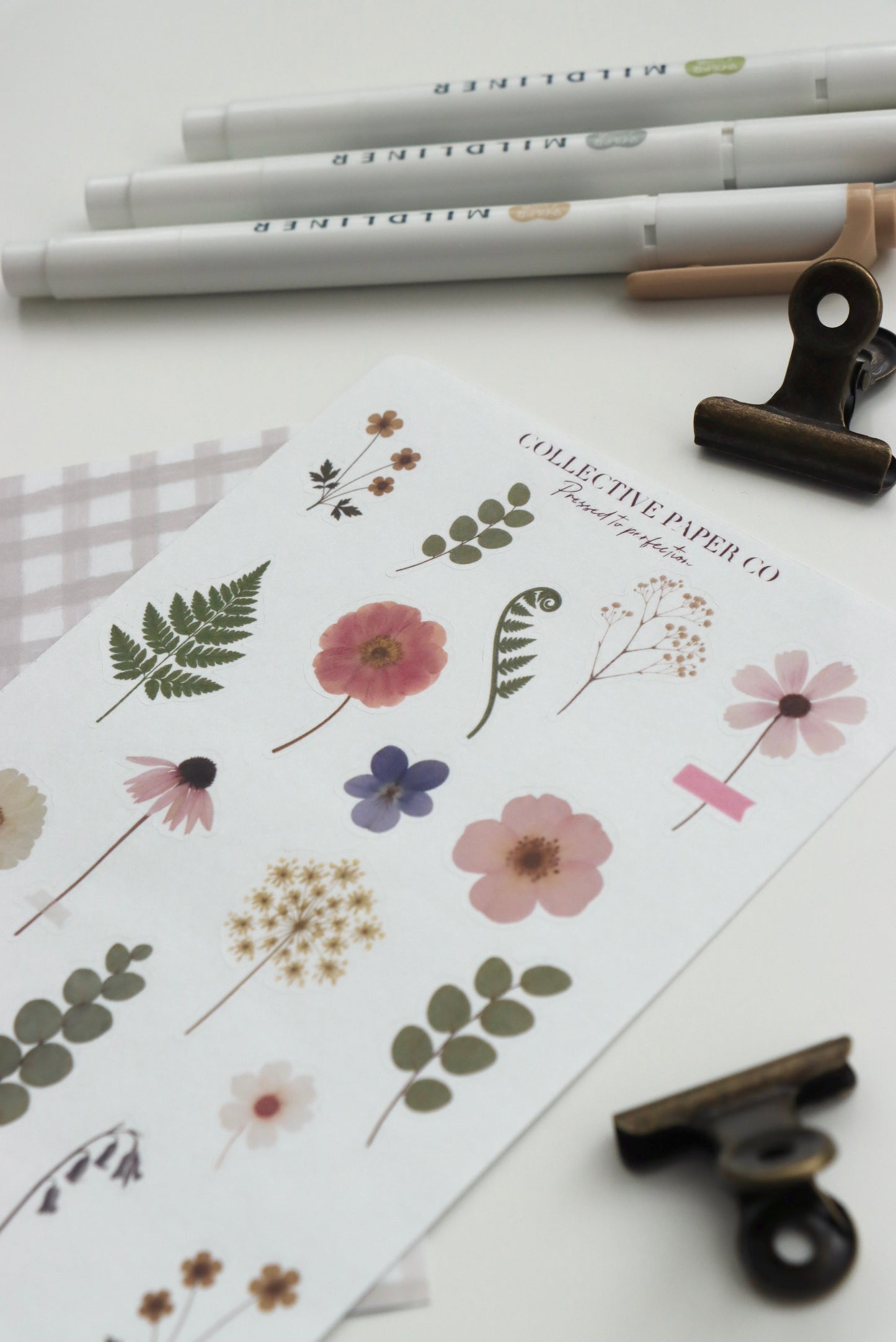 Decorative journaling sheet of kiss-cut vintage and realistic stickers of flowers Pressed to perfection on Japanese washi paper