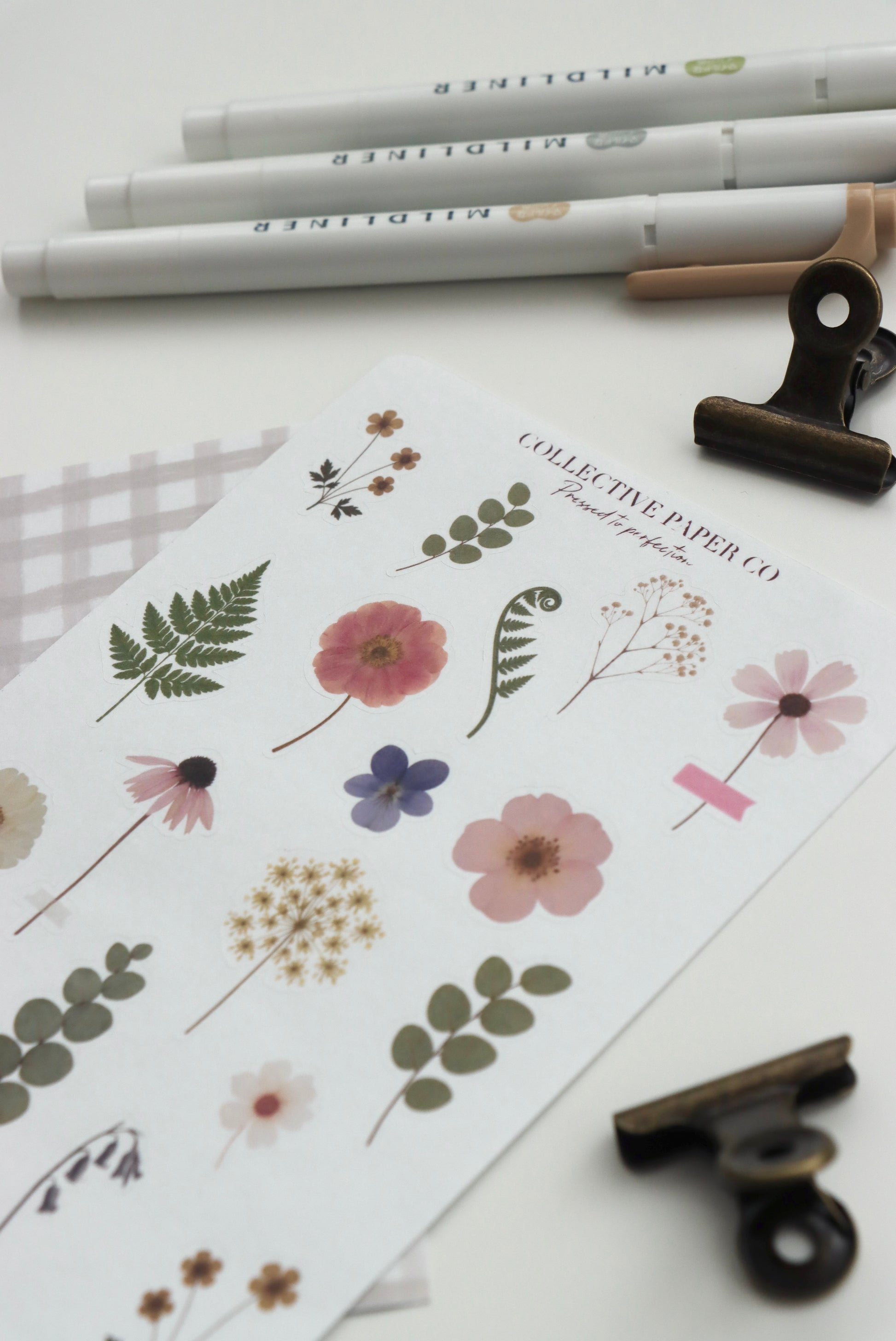 Decorative journaling sheet of kiss-cut vintage and realistic stickers of flowers Pressed to perfection on Japanese washi paper