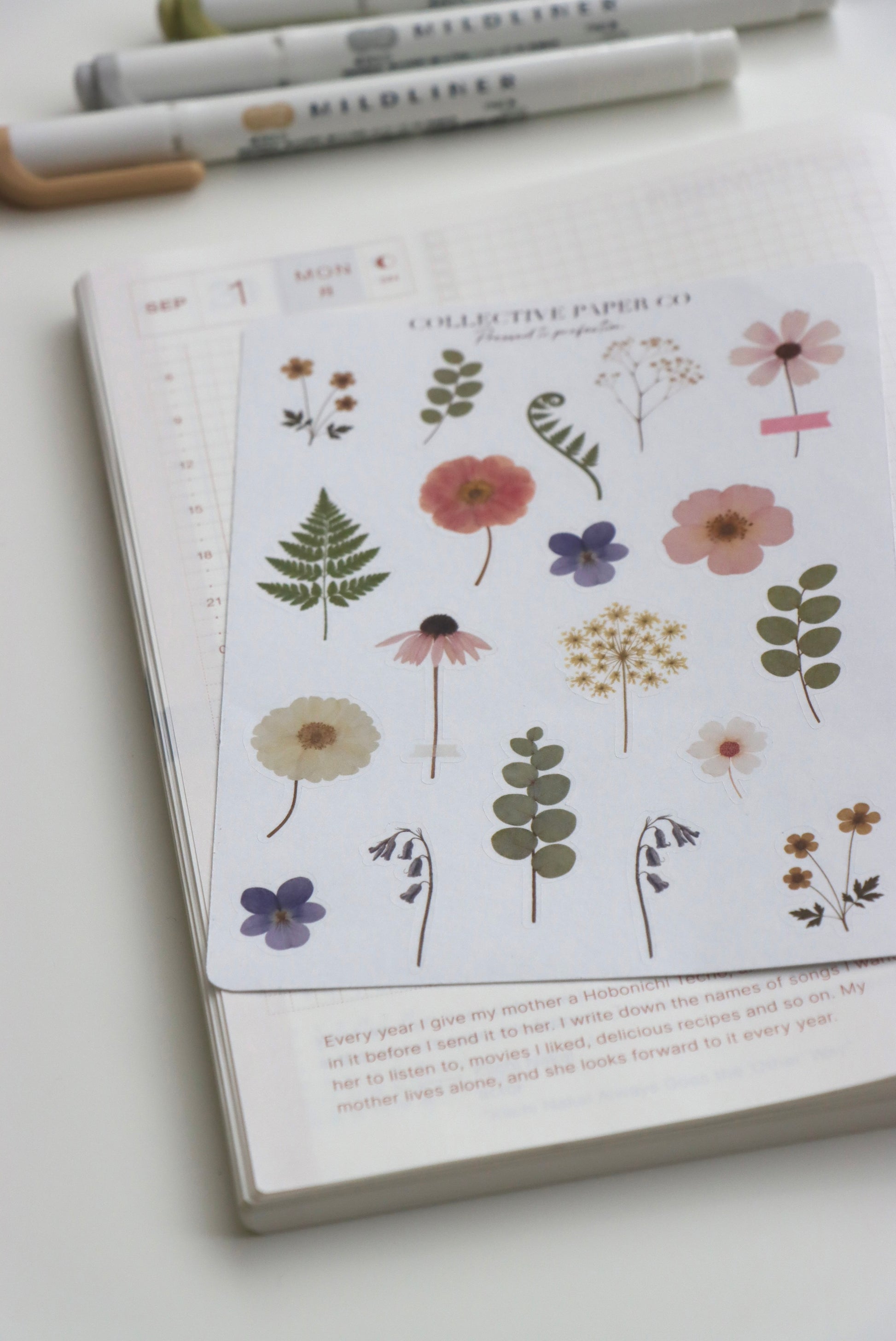Decorative journaling sheet of kiss-cut vintage and realistic stickers of flowers Pressed to perfection on Japanese washi paper