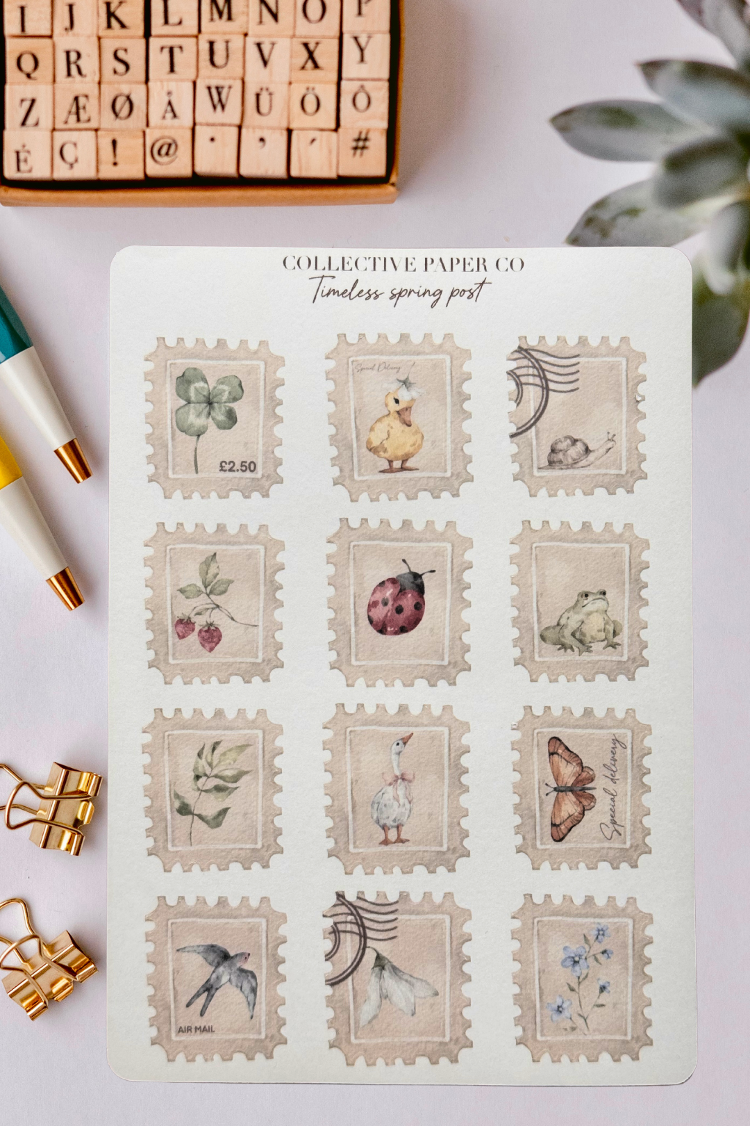 Collective Paper Co.'s Timeless Spring Post stamps depict watercolor shamrocks, ducklings, snails, ladybugs, frogs, geese, butterflies, swallows, and snowdrops priced at £2.50 each.