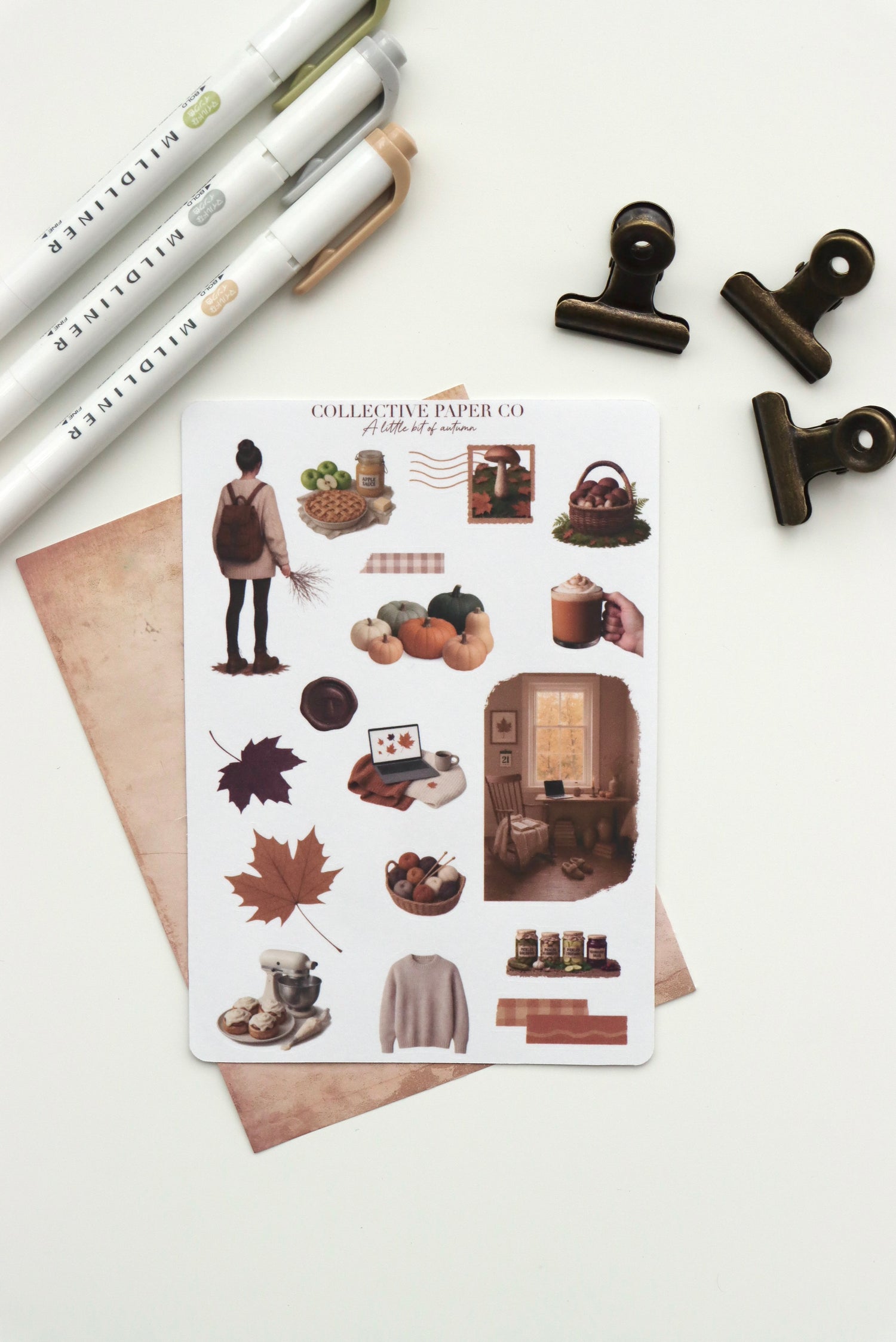 Decorative journaling sheet of kiss-cut vintage and realistic seasonal stickers of A little bit of autumn fall on Japanese washi paper