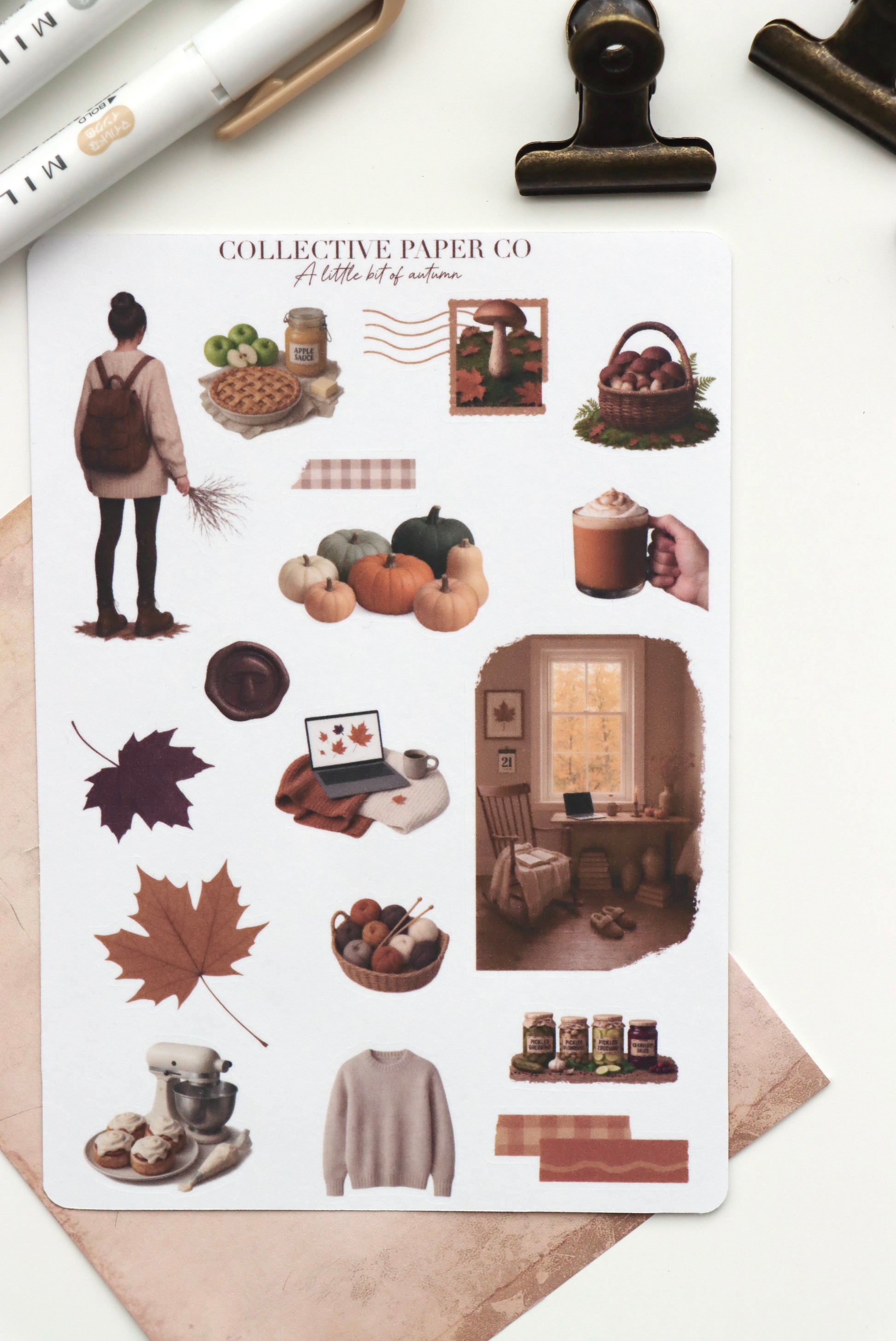 Decorative journaling sheet of kiss-cut vintage and realistic seasonal stickers of A little bit of autumn fall on Japanese washi paper
