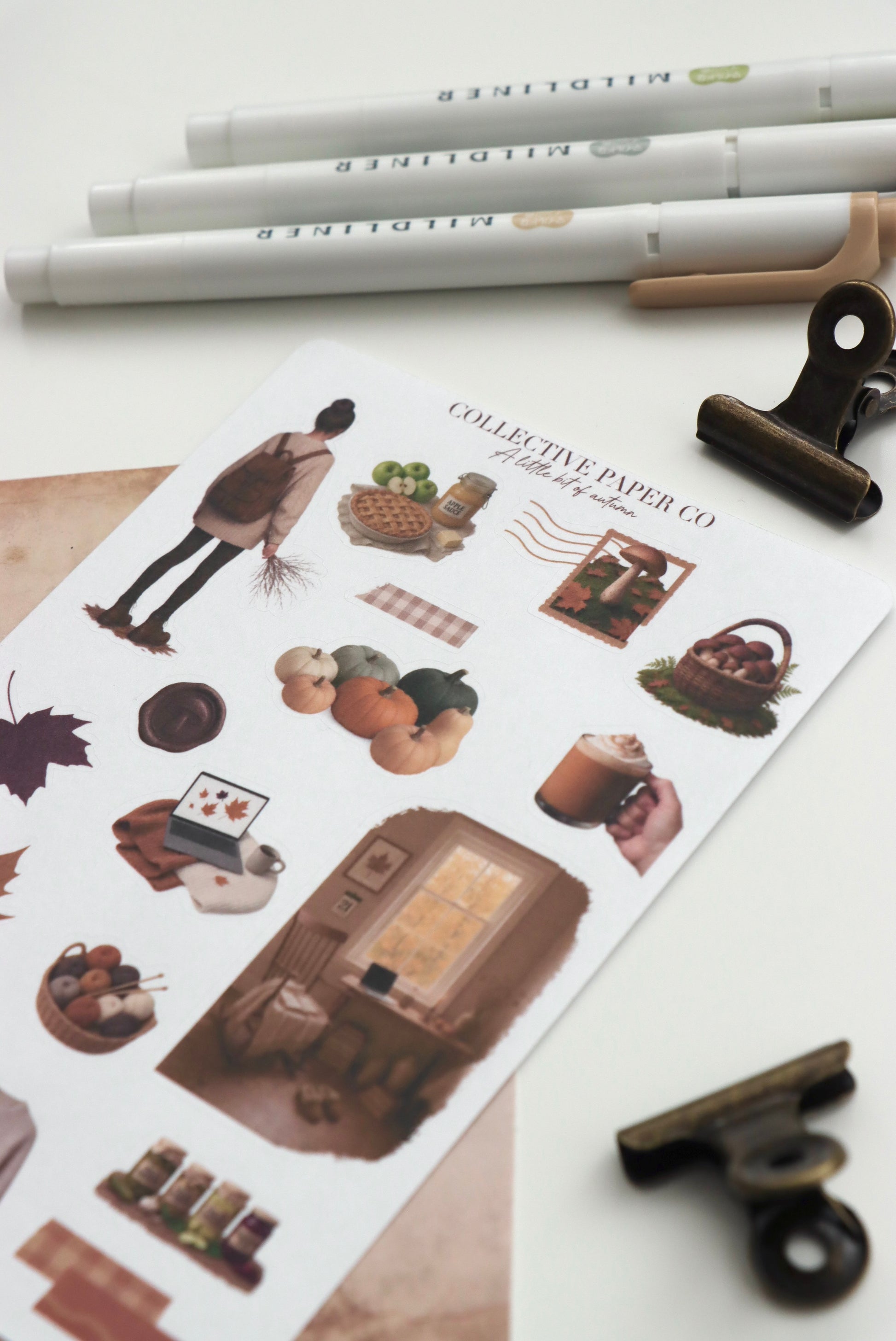 Decorative journaling sheet of kiss-cut vintage and realistic seasonal stickers of A little bit of autumn fall on Japanese washi paper