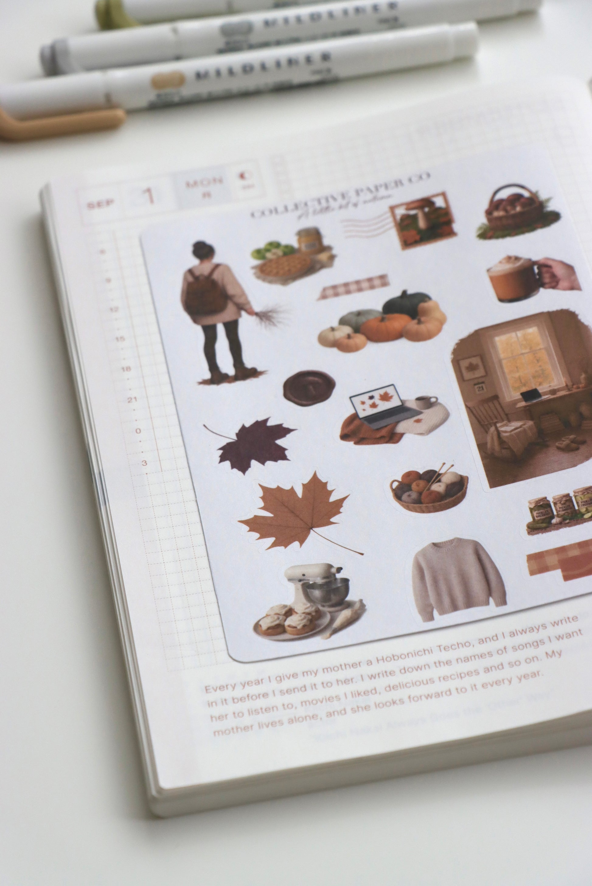 Decorative journaling sheet of kiss-cut vintage and realistic seasonal stickers of A little bit of autumn fall on Japanese washi paper