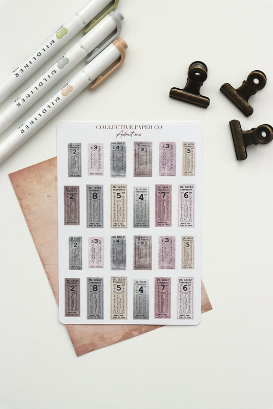 Decorative journaling sheet of kiss-cut vintage and realistic stickers of Admit one tickets on Japanese washi paper