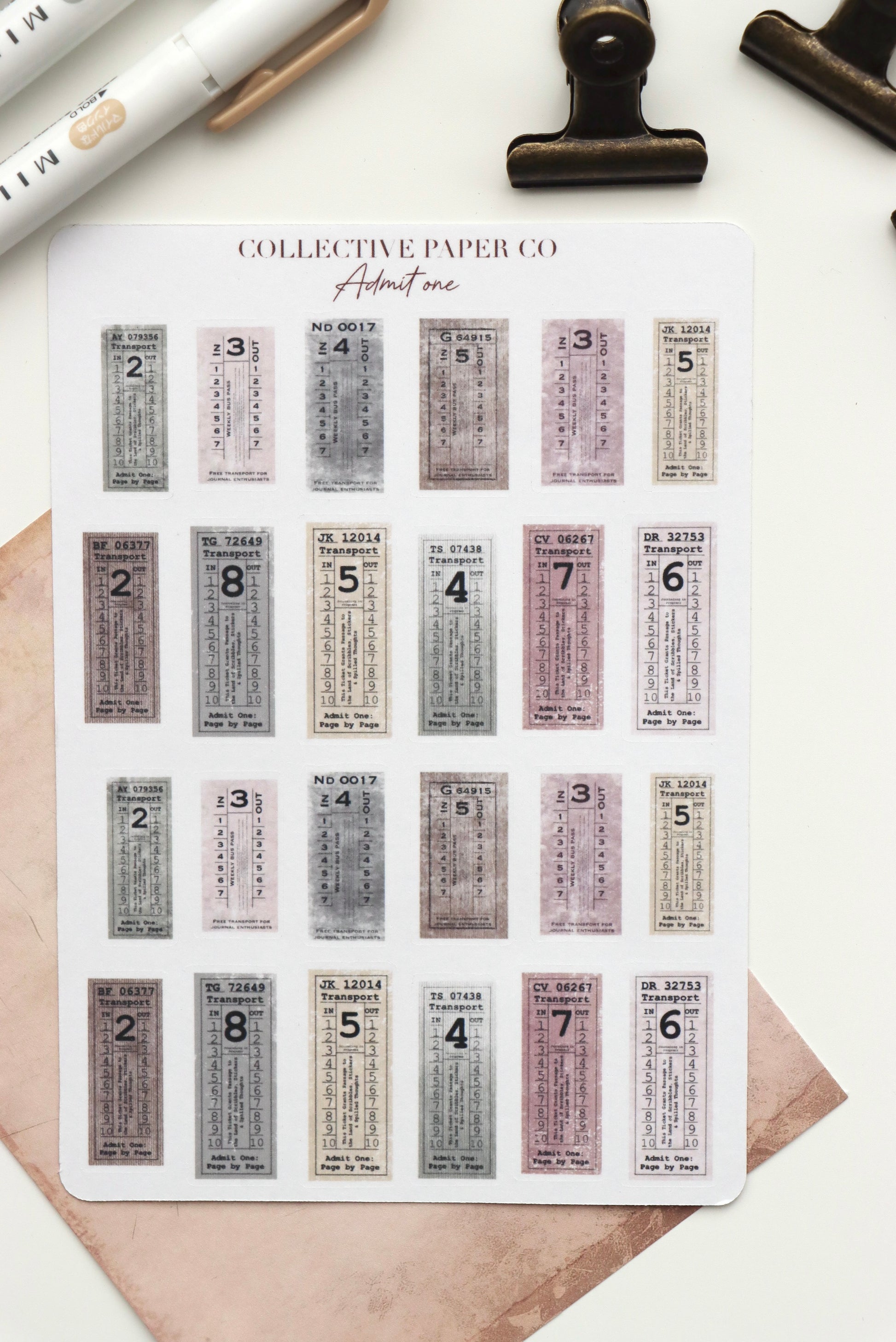 Decorative journaling sheet of kiss-cut vintage and realistic stickers of Admit one tickets on Japanese washi paper