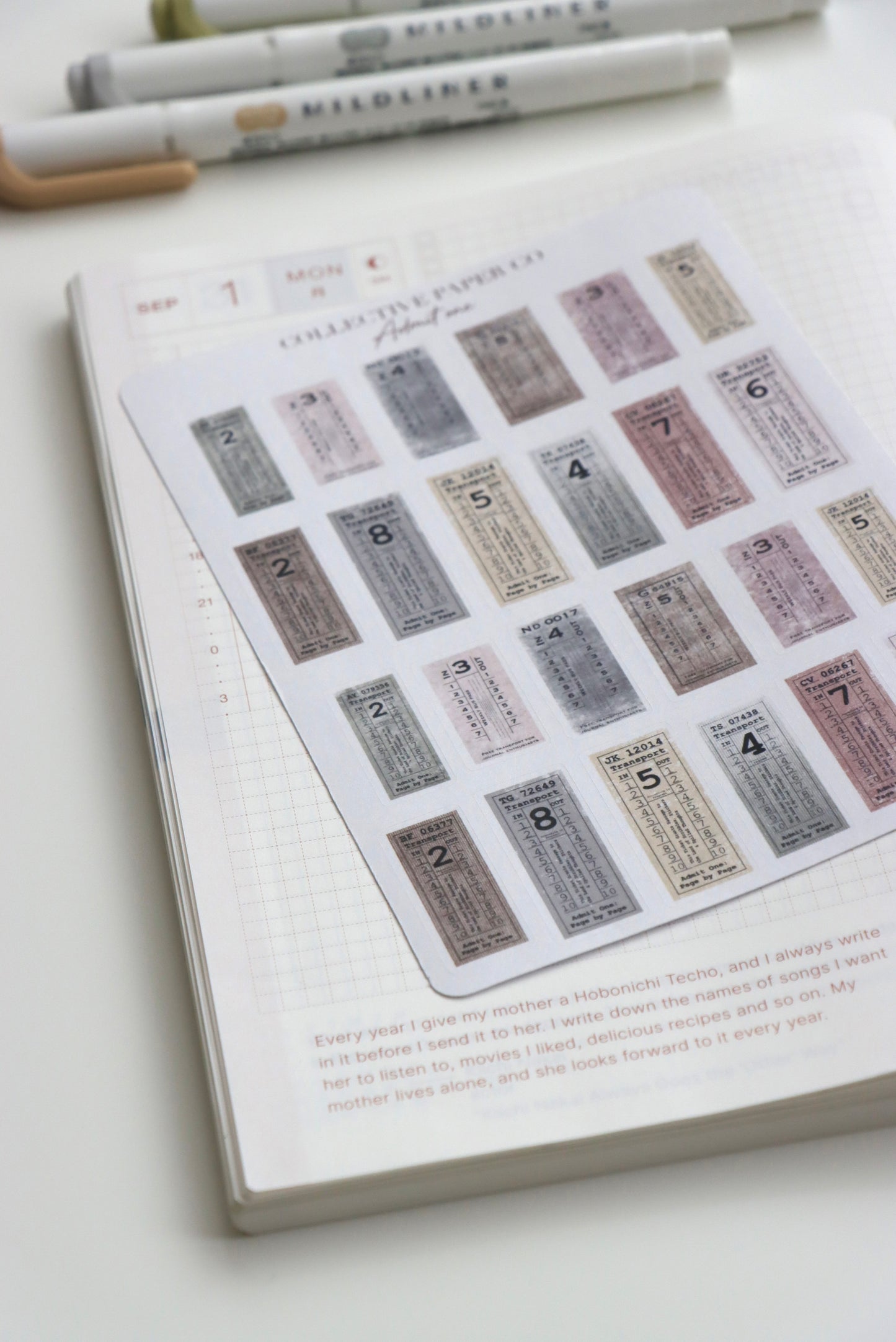 Decorative journaling sheet of kiss-cut vintage and realistic stickers of Admit one tickets on Japanese washi paper