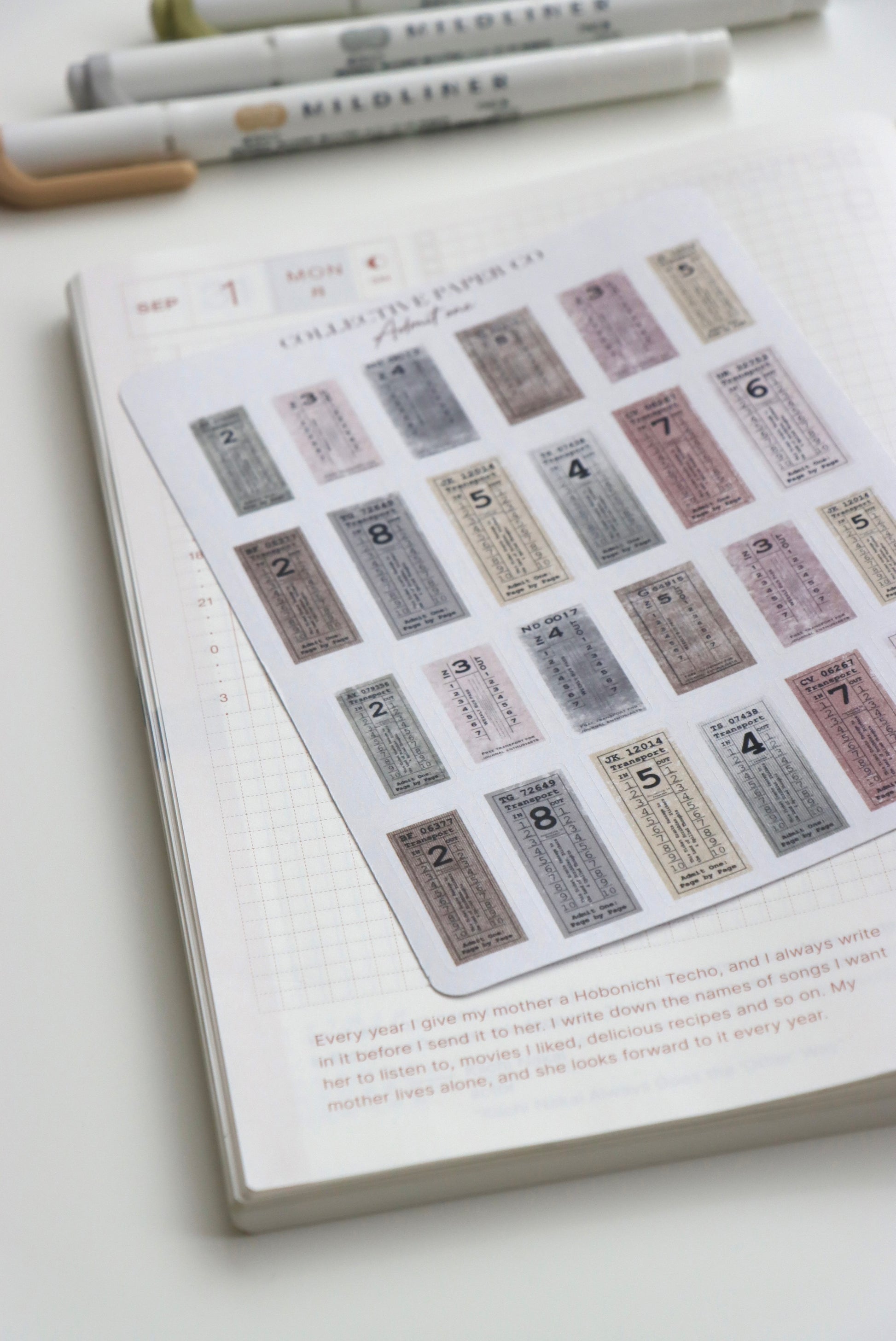Decorative journaling sheet of kiss-cut vintage and realistic stickers of Admit one tickets on Japanese washi paper