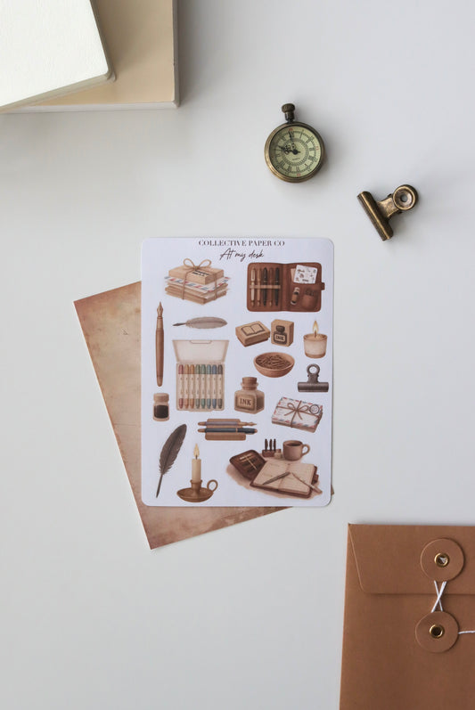 Decorative journaling sheet of kiss-cut  vintage watercolour  illustrations of stationery items on Japanese washi paper