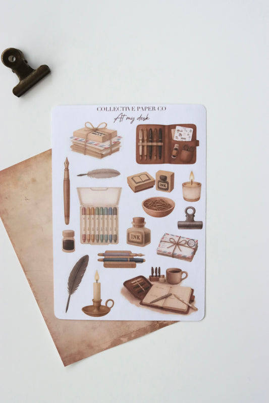 Decorative journaling sheet of kiss-cut  vintage watercolour  illustrations of stationery items on Japanese washi paper