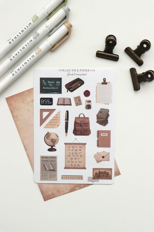 Decorative journaling sheet of kiss-cut vintage and realistic stickers of Back to homeschool education on Japanese washi paper