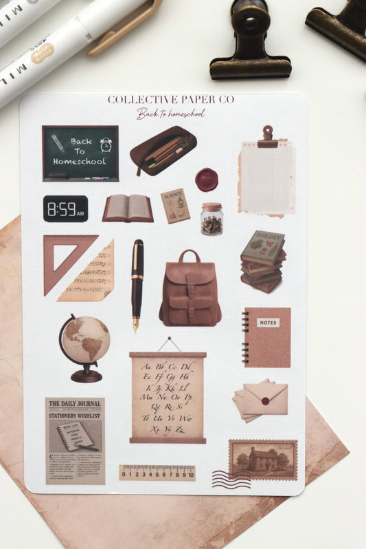 Decorative journaling sheet of kiss-cut vintage and realistic stickers of Back to homeschool education on Japanese washi paper