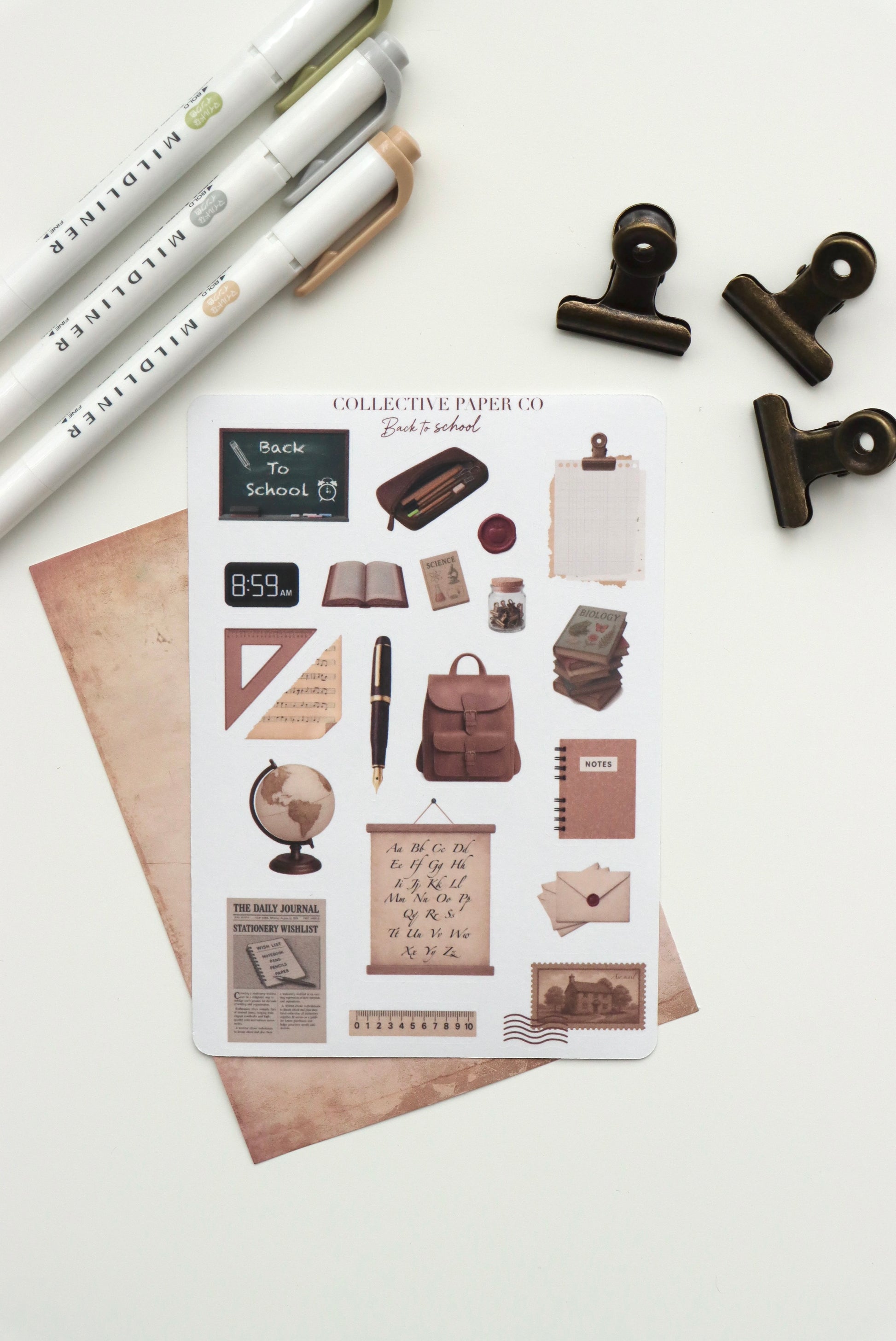 Decorative journaling sheet of kiss-cut vintage and realistic stickers of Back to school education on Japanese washi paper