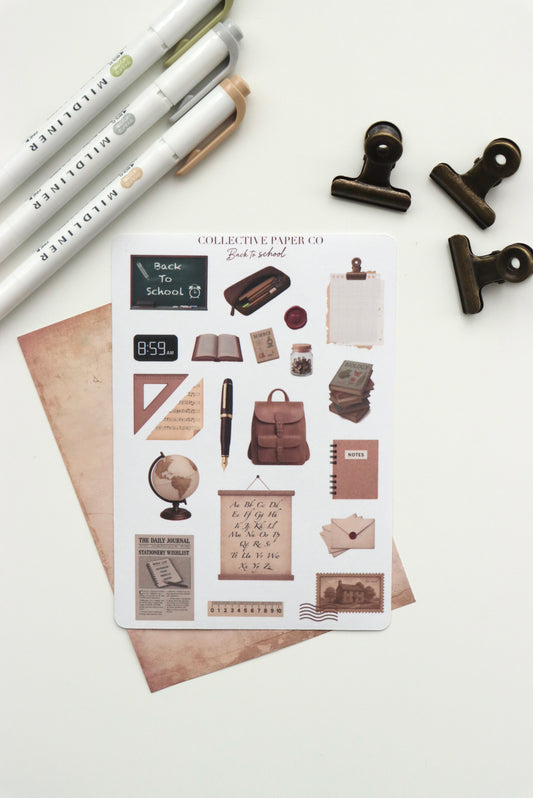 Decorative journaling sheet of kiss-cut vintage and realistic stickers of Back to school education on Japanese washi paper