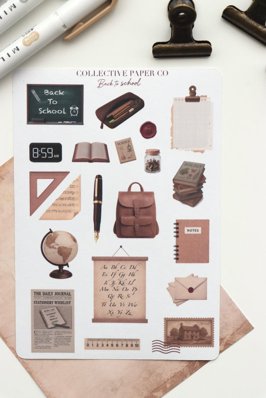 Decorative journaling sheet of kiss-cut vintage and realistic stickers of Back to school education on Japanese washi paper
