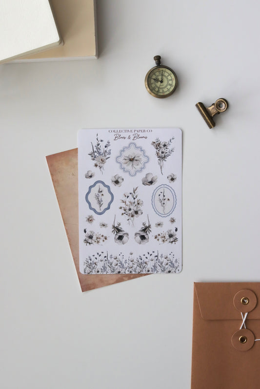 Decorative journaling sheet of kiss-cut watercolour floral elements stickers on Japanese washi paper