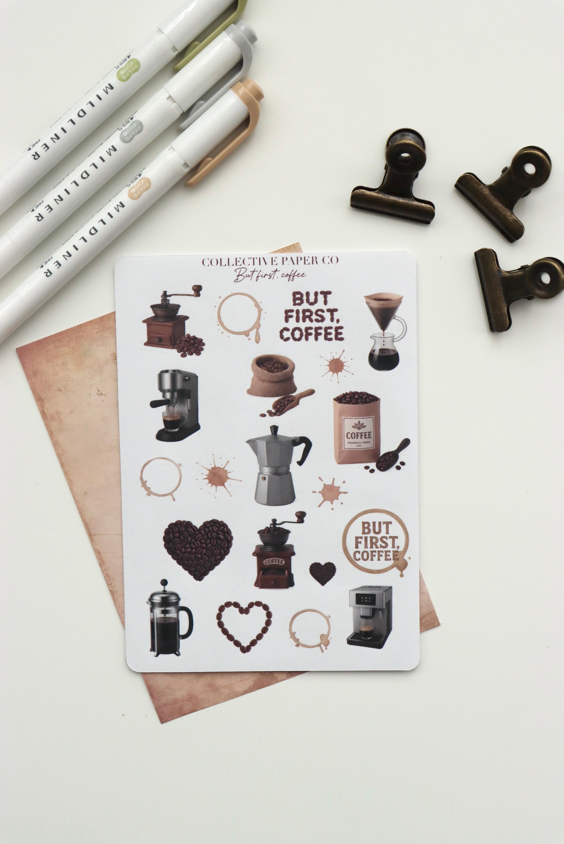 Decorative journaling sheet of kiss-cut vintage and realistic coffee themed stickers on Japanese washi paper
