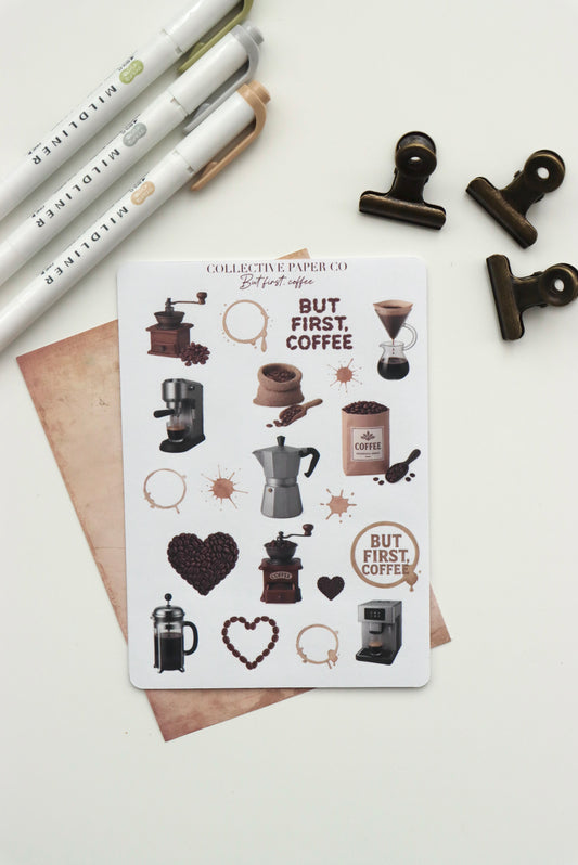 Decorative journaling sheet of kiss-cut vintage and realistic coffee themed stickers on Japanese washi paper