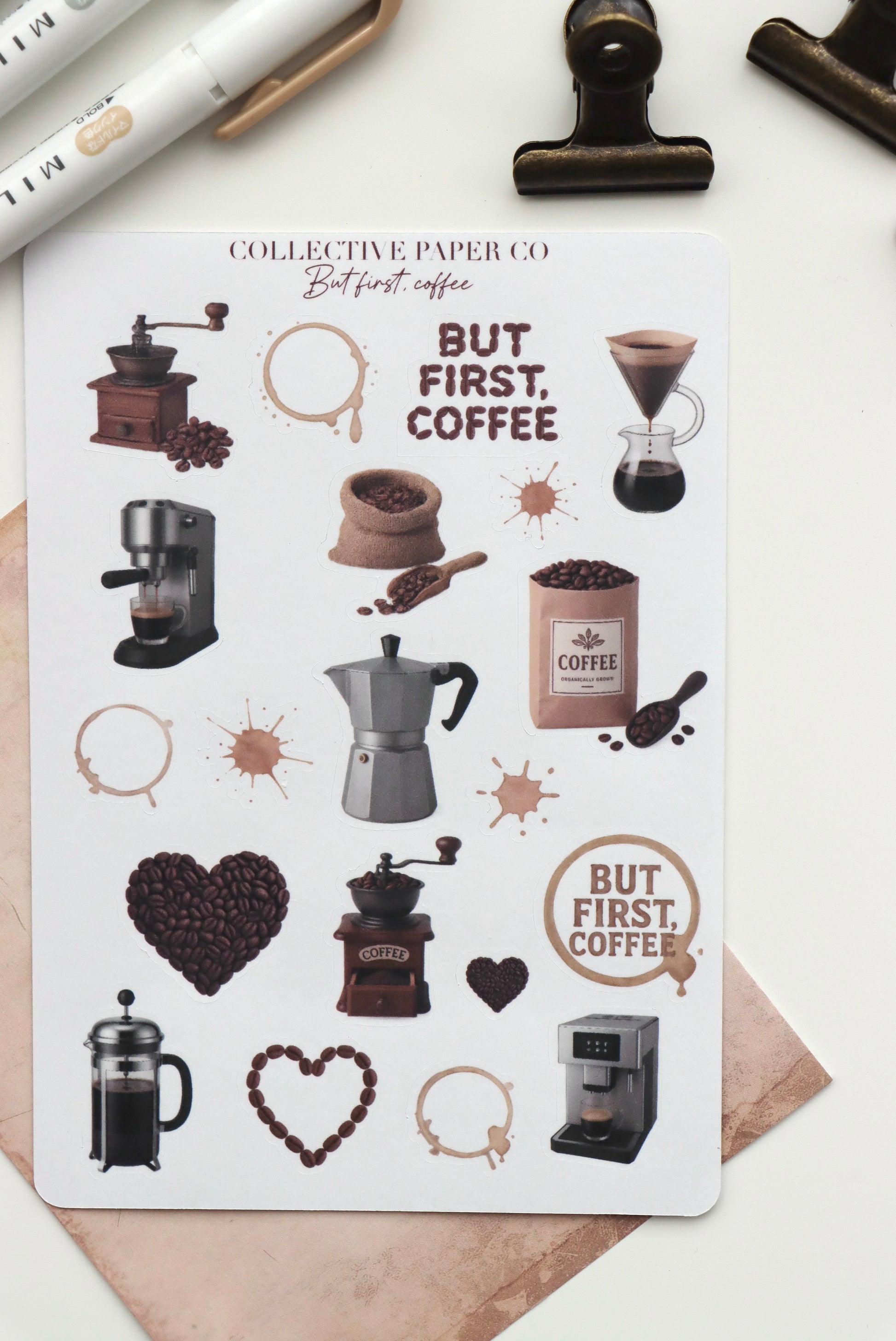Decorative journaling sheet of kiss-cut vintage and realistic coffee themed stickers on Japanese washi paper